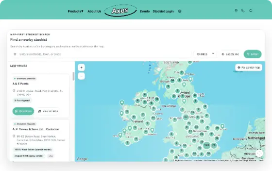 Axus Decor stockist finder built with our store locator software, styled to their brand