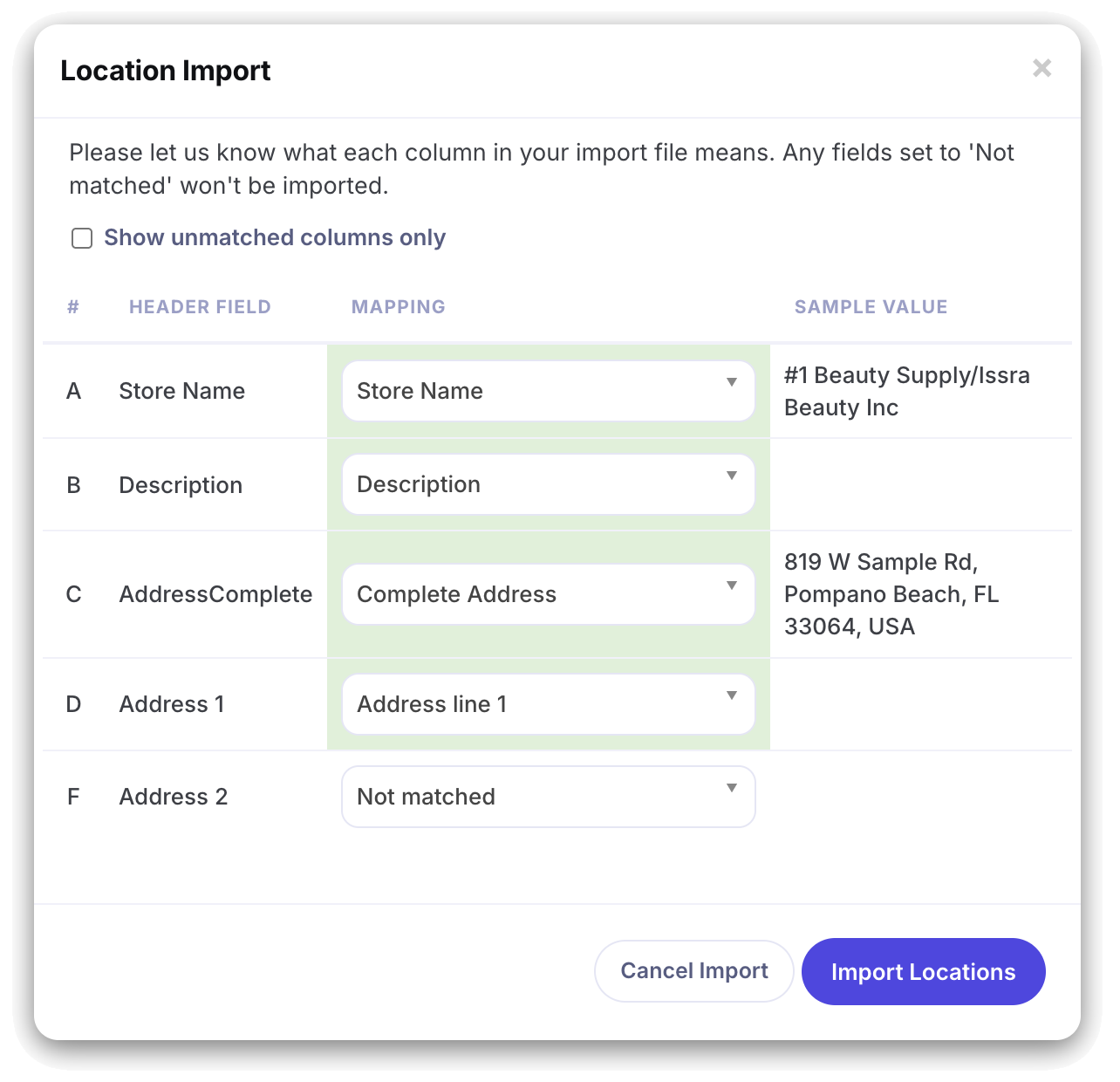 Location import dialog mapping spreadsheet columns to store locator fields