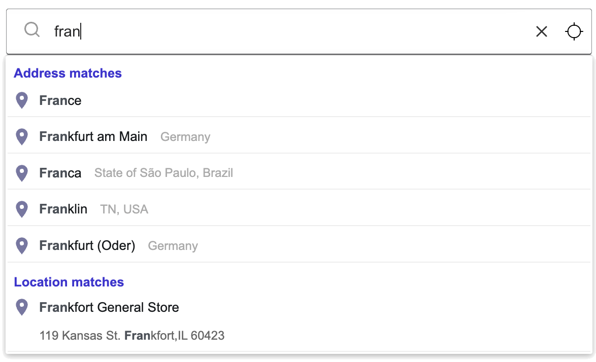 Instant address search suggestions in the store locator widget