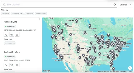 Store locator widget list-beside-map layout