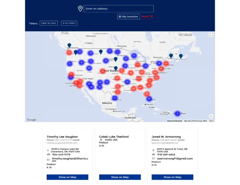 Kaba Mas installer locator with product filters and a clustered pin map