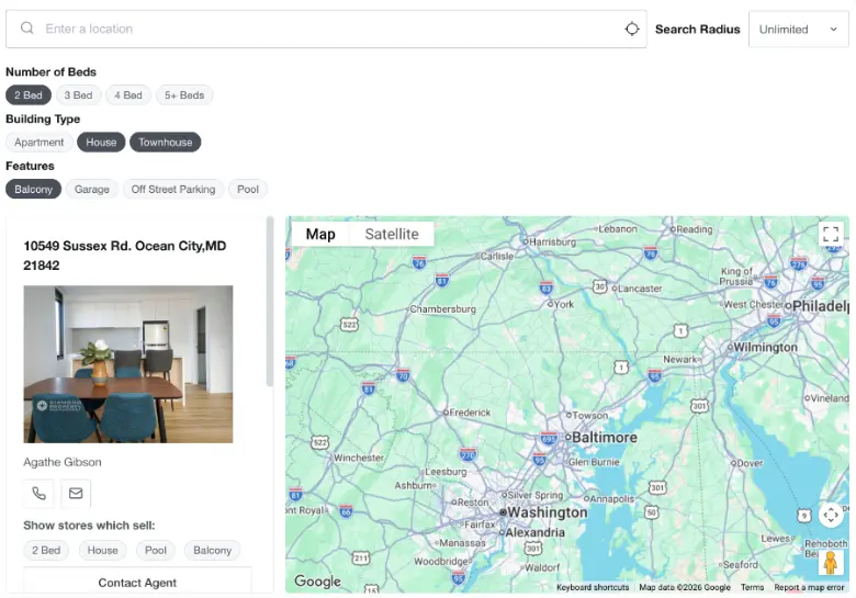 Real estate store locator with bed count, building type and feature filters