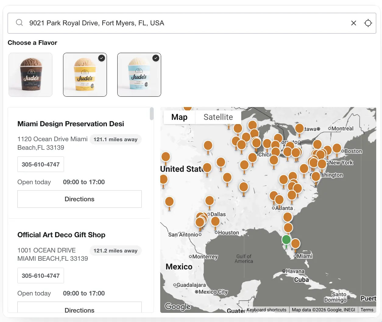 Store locator widget with location search and a searchable map of nearby stores