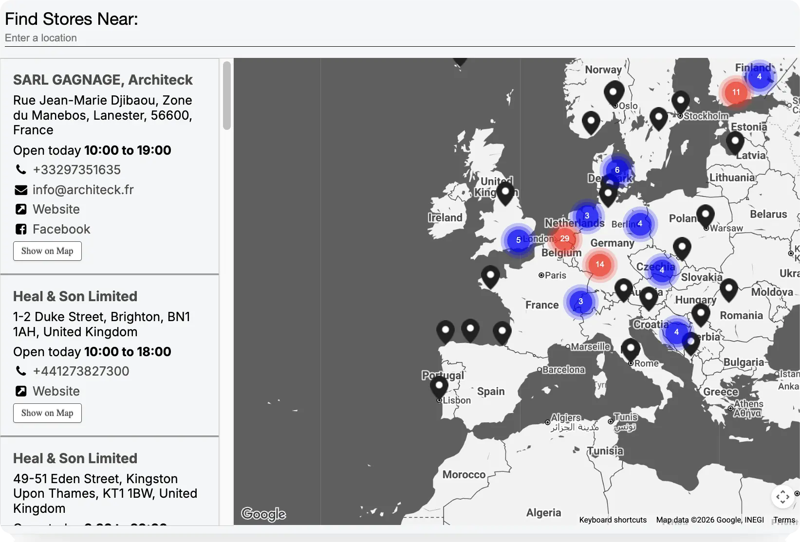 Store locator widget showing a searchable location list beside a map of stores across Europe