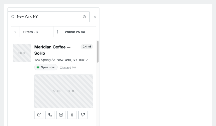 Store locator widget showing a location list beside a map